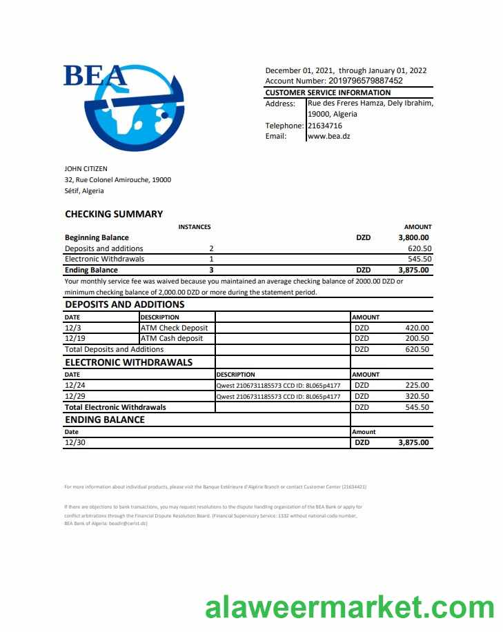Algeria Banque exterieure d'Algerie bank statement template in Excel and PDF format